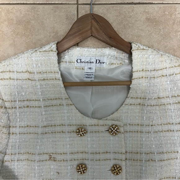 Christian Dior Women’s Blazer Size 12 White And Gold Tweed Jacket Vintage - Picture 2 of 14